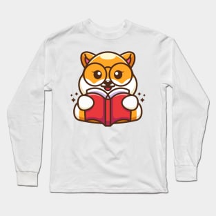 Cute shiba inu dog reading book cartoon Long Sleeve T-Shirt